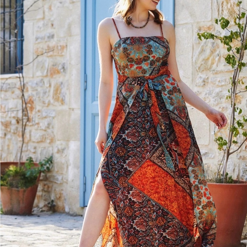NWT  Bohemian Maxi Dress Gown | Organic Viscose Wrap Palazzo with Slits Dress - Picture 7 of 13